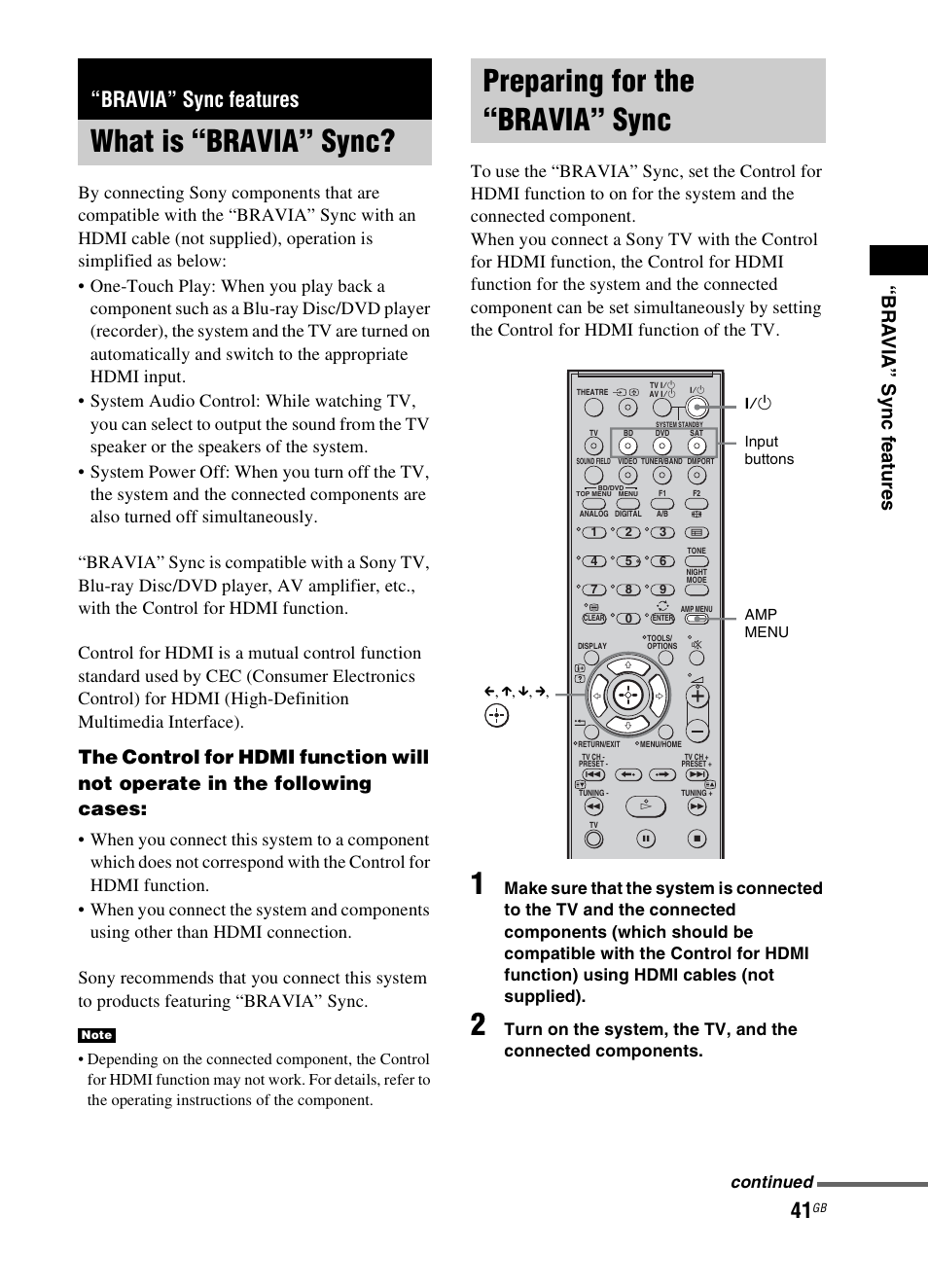 Bravia” sync features, What is “bravia” sync, Preparing for the “bravia” sync | B r a vi a” sy nc f e atures, Continued | Sony 3-299-270-21(2) User Manual | Page 41 / 84