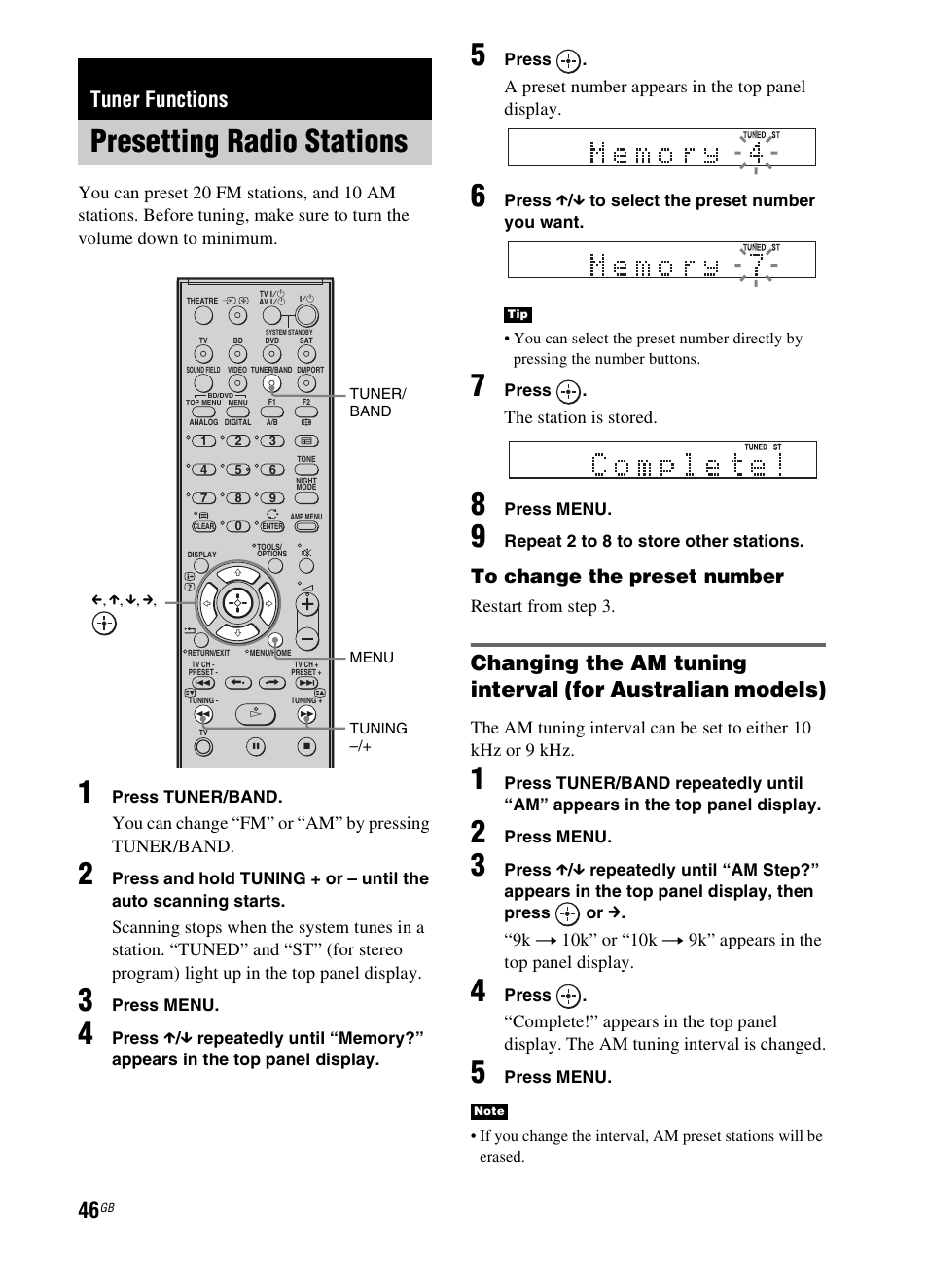 Tuner functions, Presetting radio stations, D (46) | Sony 3-299-270-21(2) User Manual | Page 46 / 84