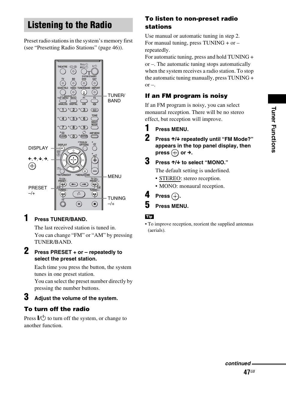 Listening to the radio, Ono (47), Tune r func tions | If an fm program is noisy | Sony 3-299-270-21(2) User Manual | Page 47 / 84