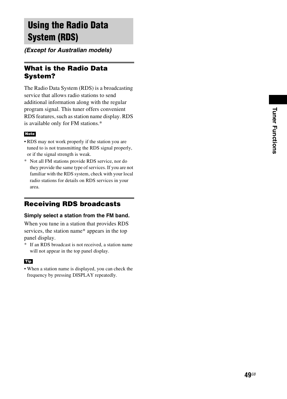 Using the radio data system (rds), What is the radio data system, Receiving rds broadcasts | Sony 3-299-270-21(2) User Manual | Page 49 / 84