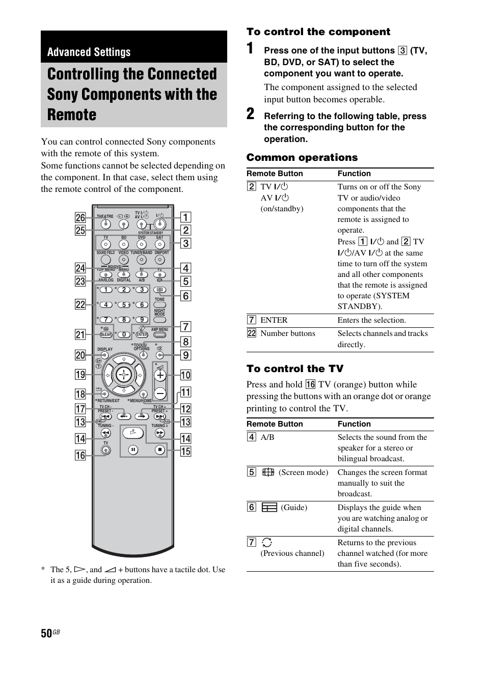 Advanced settings, Controlling the connected sony, Components with the remote | Common operations to control the tv, Press and hold, Press one of the input buttons | Sony 3-299-270-21(2) User Manual | Page 50 / 84