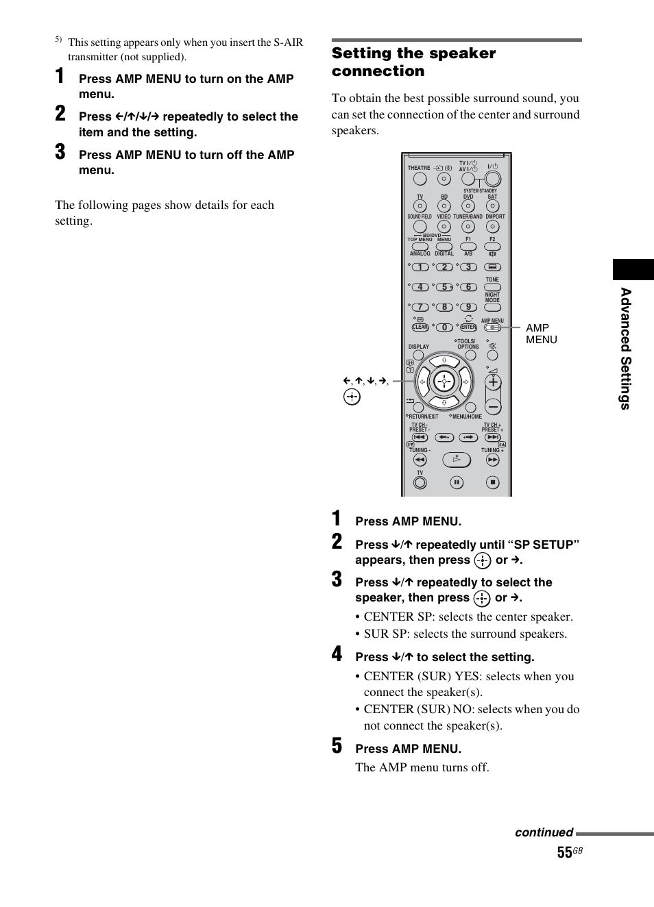 Setting the speaker connection, Ad v a nc ed s e tting s, The following pages show details for each setting | The amp menu turns off | Sony 3-299-270-21(2) User Manual | Page 55 / 84