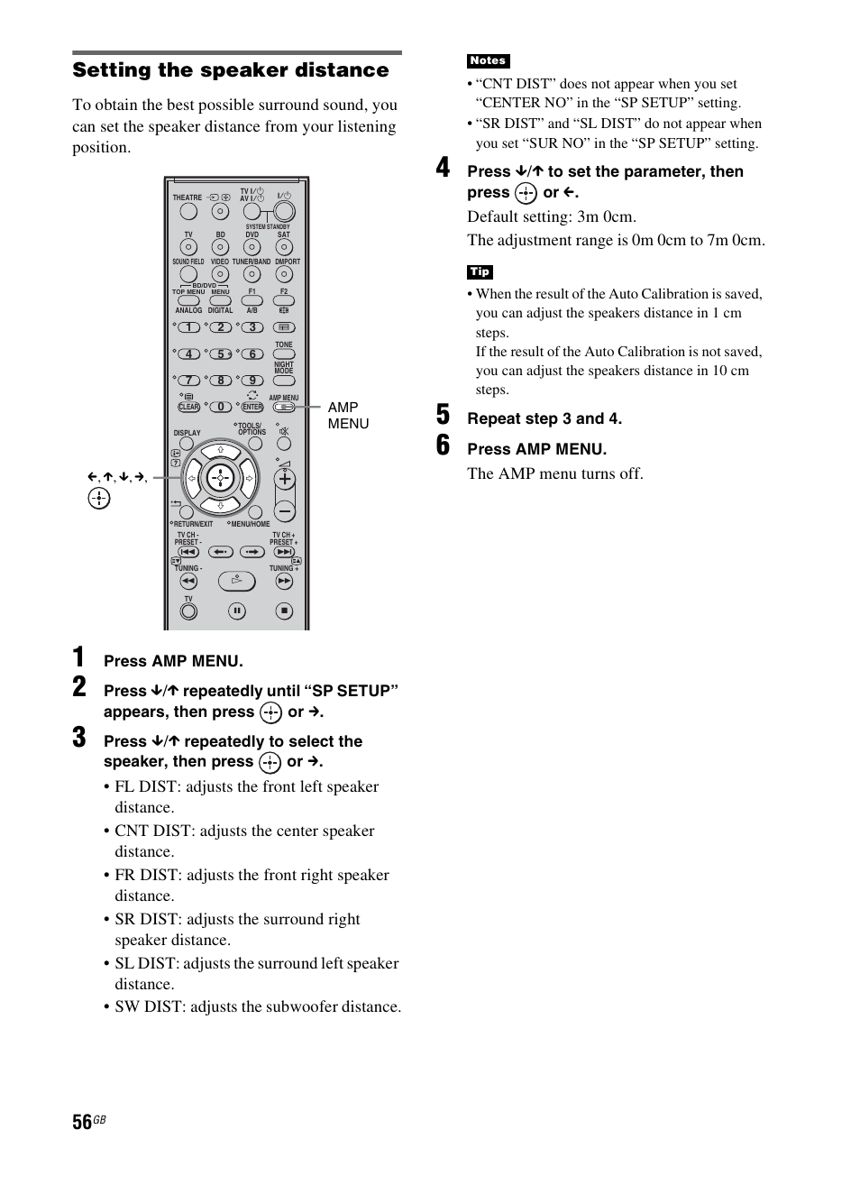 Setting the speaker distance, The amp menu turns off, Press amp menu | Press, Repeatedly to select the speaker, then press or c, Repeat step 3 and 4 | Sony 3-299-270-21(2) User Manual | Page 56 / 84