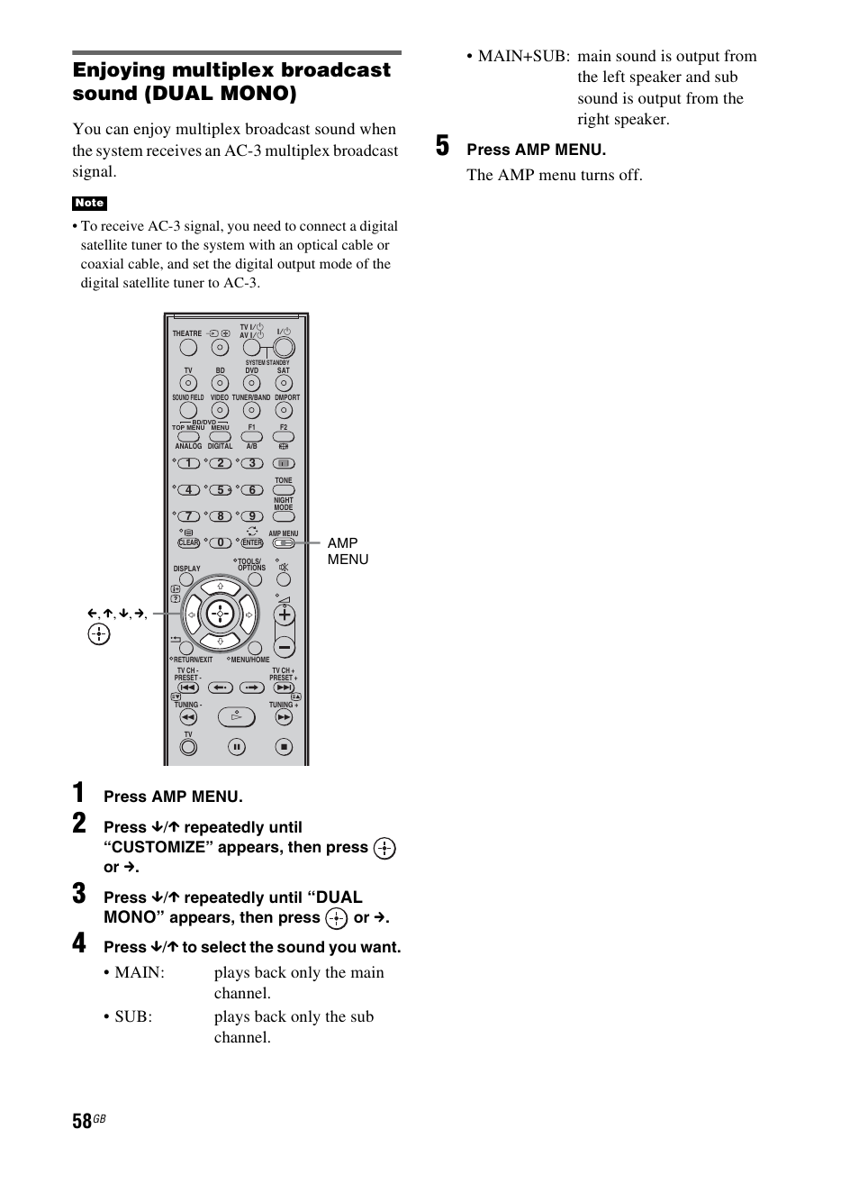 Enjoying multiplex broadcast sound (dual mono), Dual mono, The amp menu turns off | Press amp menu, Press, Repeatedly until, Appears, then press or c | Sony 3-299-270-21(2) User Manual | Page 58 / 84