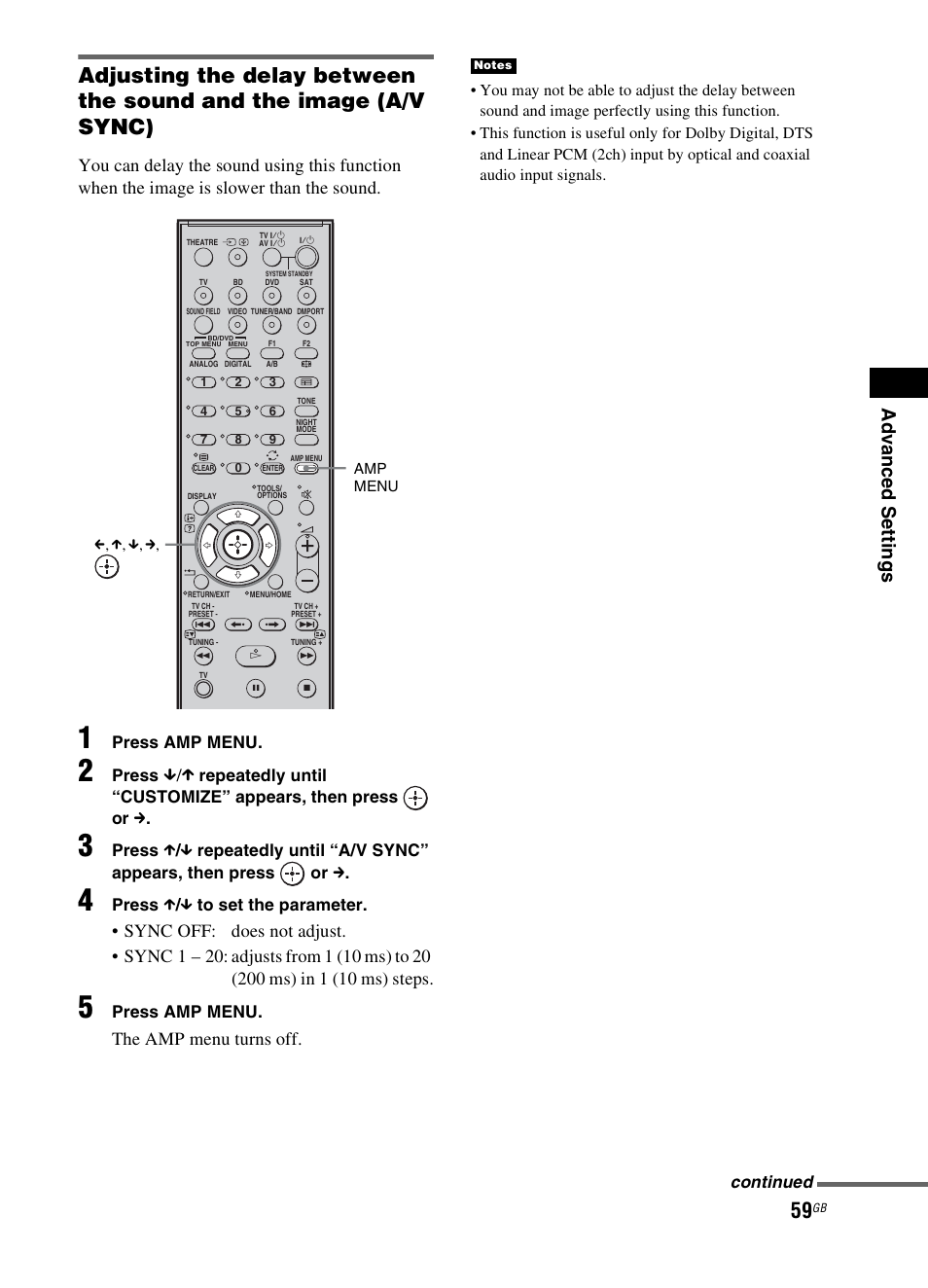 Ad v a nc ed s e tting s, The amp menu turns off, Press amp menu | Press, Press x / x to set the parameter, Continued | Sony 3-299-270-21(2) User Manual | Page 59 / 84