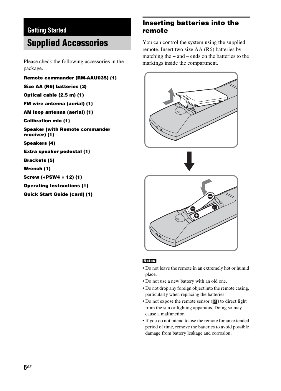 Getting started, Supplied accessories, Inserting batteries into the remote | Sony 3-299-270-21(2) User Manual | Page 6 / 84
