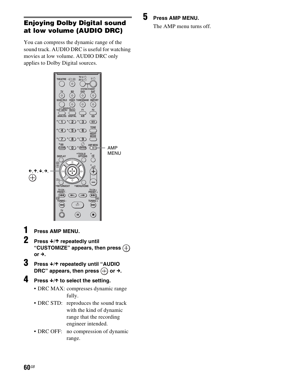 The amp menu turns off, Press amp menu, Press | Press x/x to select the setting | Sony 3-299-270-21(2) User Manual | Page 60 / 84