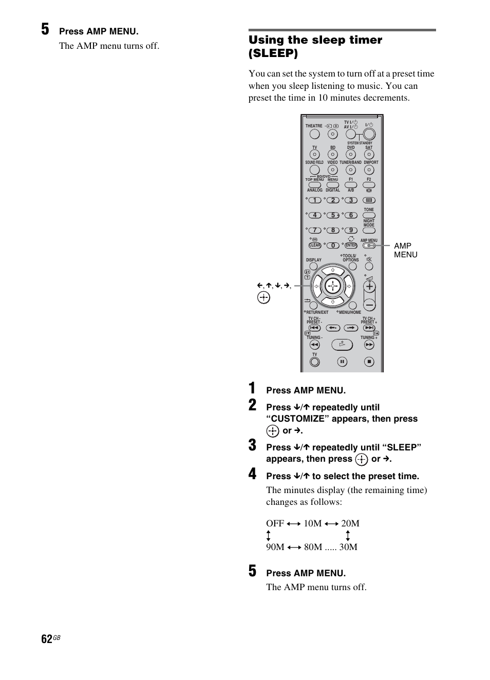 P (62), Using the sleep timer (sleep), The amp menu turns off | Press amp menu, Press, Repeatedly until “sleep” appears, then press or c | Sony 3-299-270-21(2) User Manual | Page 62 / 84