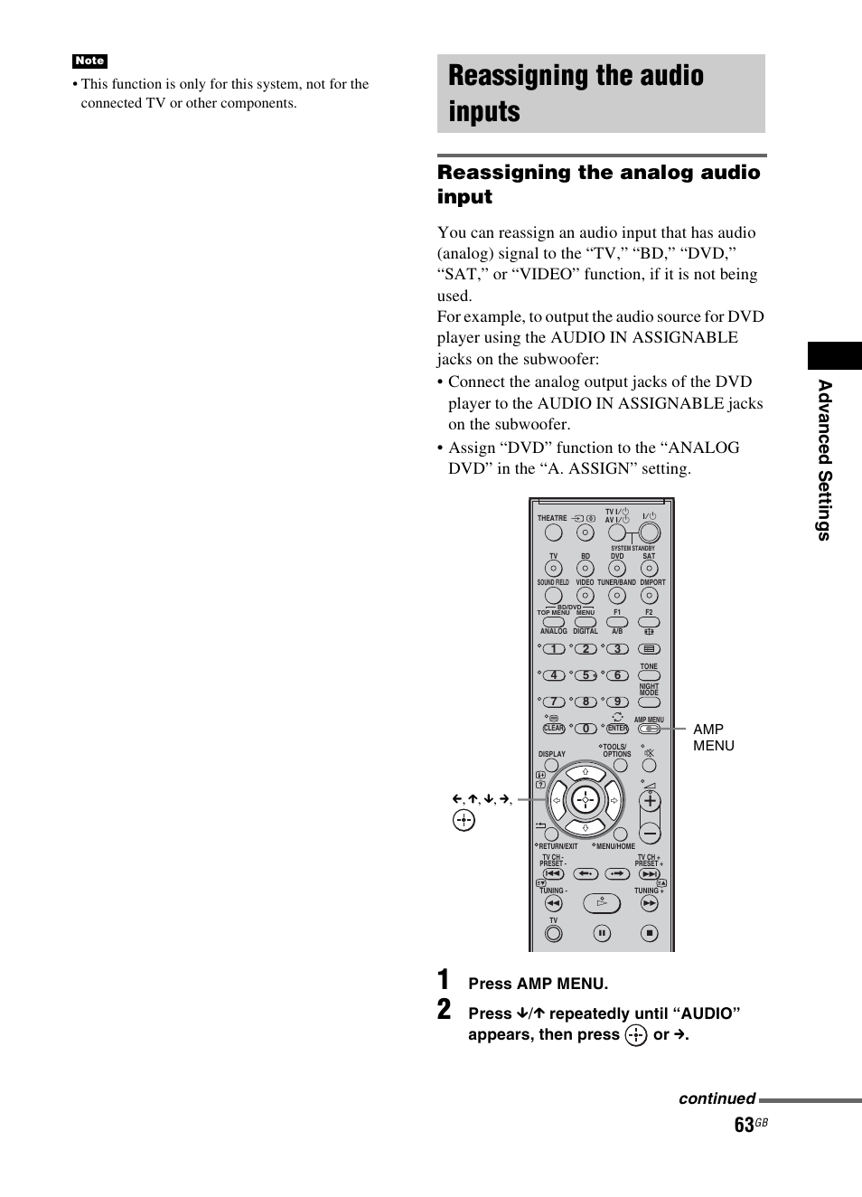 Reassigning the audio inputs, Reassigning the analog audio input, Ad v a nc ed s e tting s | Press amp menu, Press, Repeatedly until “audio” appears, then press or c, Continued | Sony 3-299-270-21(2) User Manual | Page 63 / 84