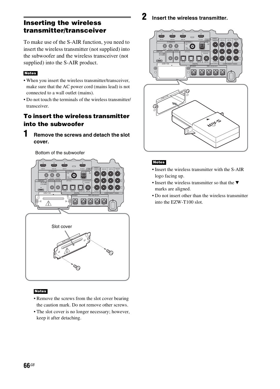 Inserting the wireless transmitter/transceiver, Remove the screws and detach the slot cover, Insert the wireless transmitter | Slot cover bottom of the subwoofer | Sony 3-299-270-21(2) User Manual | Page 66 / 84