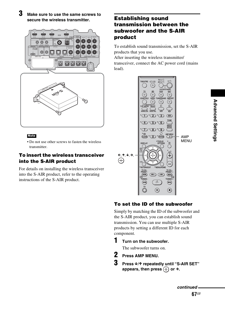 Ad v a nc ed s e tting s, The subwoofer turns on, Turn on the subwoofer | Press amp menu, Press, Continued, Amp menu c, x, x, c | Sony 3-299-270-21(2) User Manual | Page 67 / 84