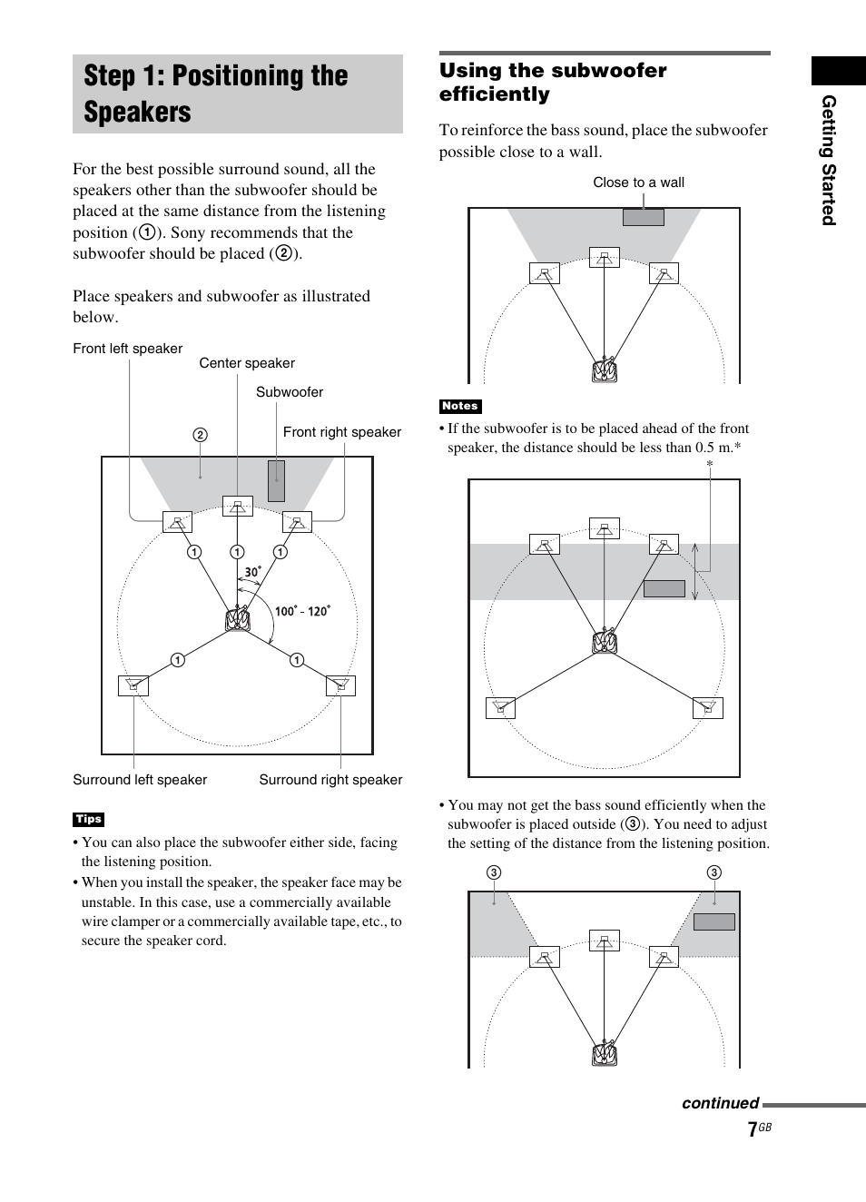 Step 1: positioning the speakers, Using the subwoofer efficiently | Sony 3-299-270-21(2) User Manual | Page 7 / 84