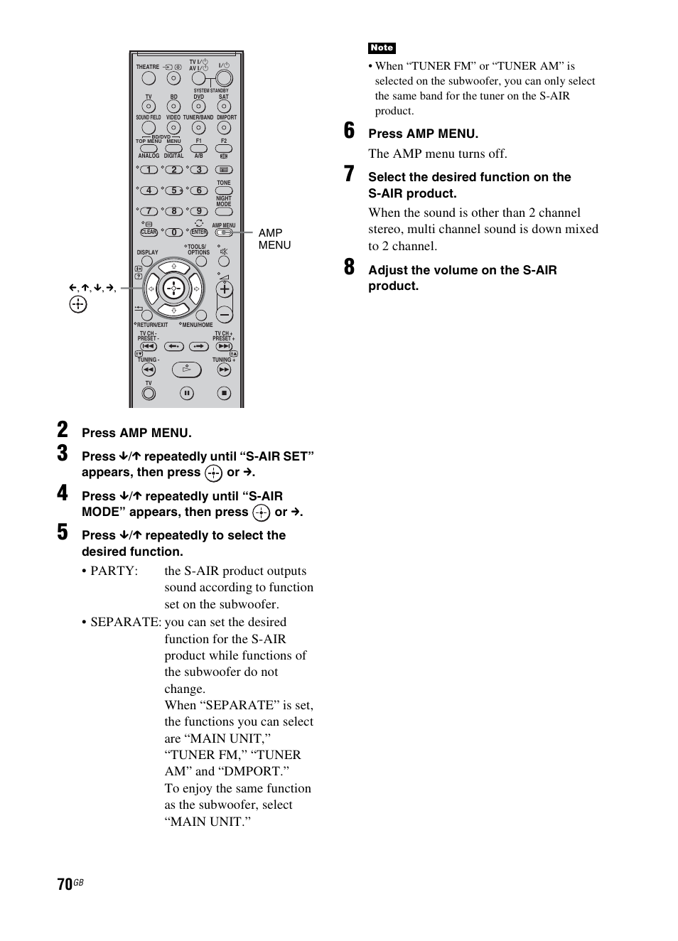 The amp menu turns off, Press amp menu, Press | Repeatedly to select the desired function, Select the desired function on the s-air product, Adjust the volume on the s-air product | Sony 3-299-270-21(2) User Manual | Page 70 / 84