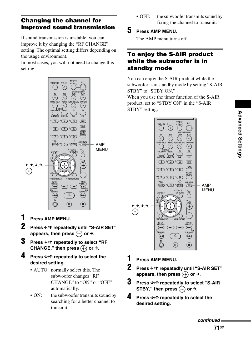 Ad v a nc ed s e tting s, The amp menu turns off, Press amp menu | Press, Repeatedly to select “rf change,” then press or c, Repeatedly to select the desired setting, Repeatedly to select “s-air stby,” then press or c, Continued | Sony 3-299-270-21(2) User Manual | Page 71 / 84