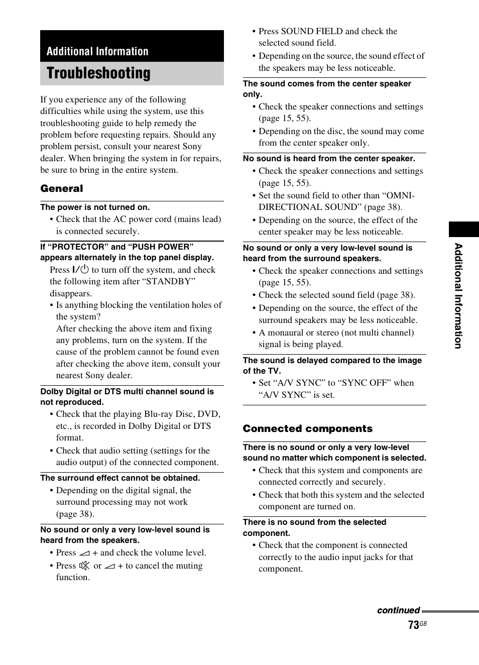 Additional information, Troubleshooting | Sony 3-299-270-21(2) User Manual | Page 73 / 84