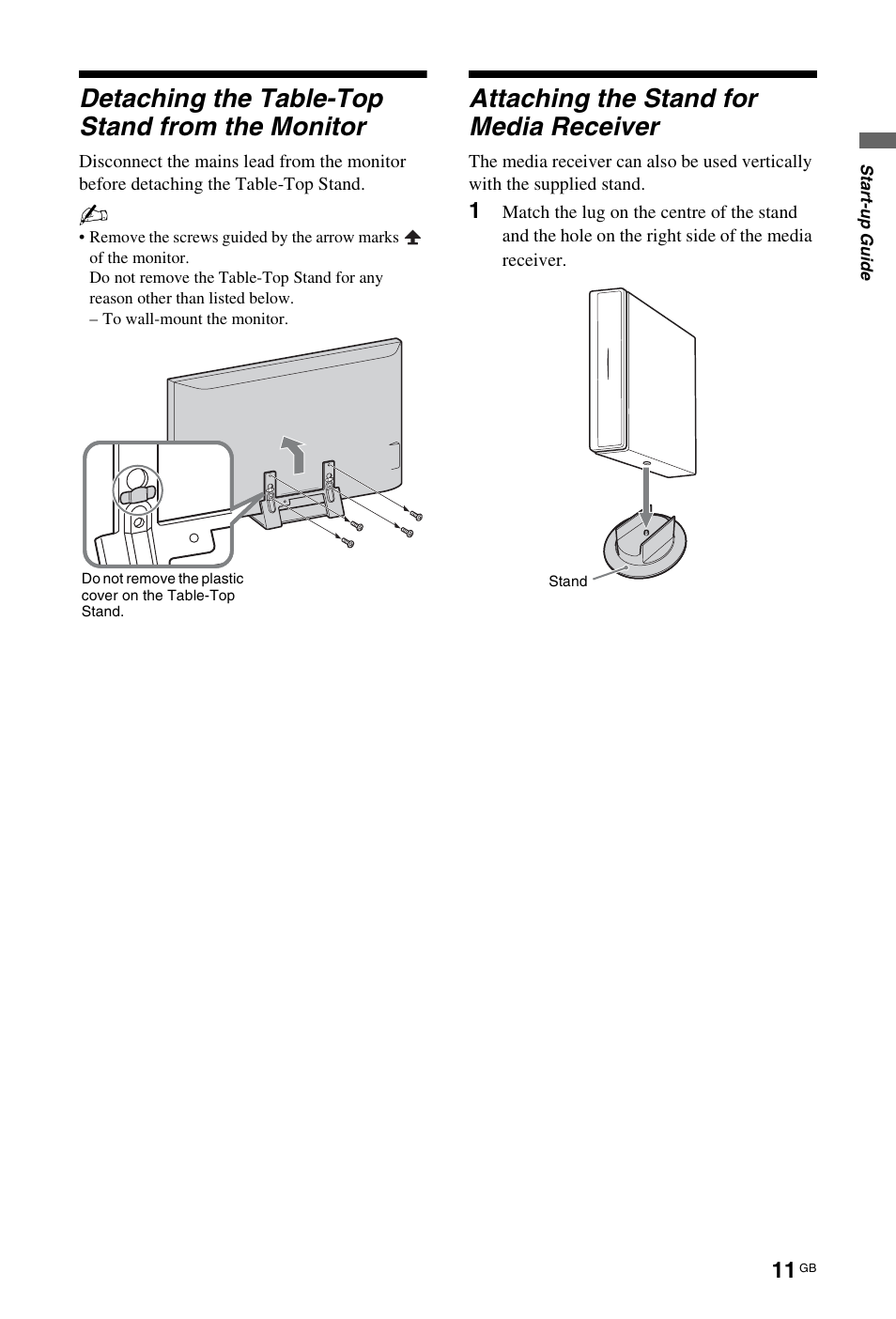 Detaching the table-top stand from the monitor, Attaching the stand for media receiver | Sony BRAVIA 4-115-568-13(1) User Manual | Page 11 / 51