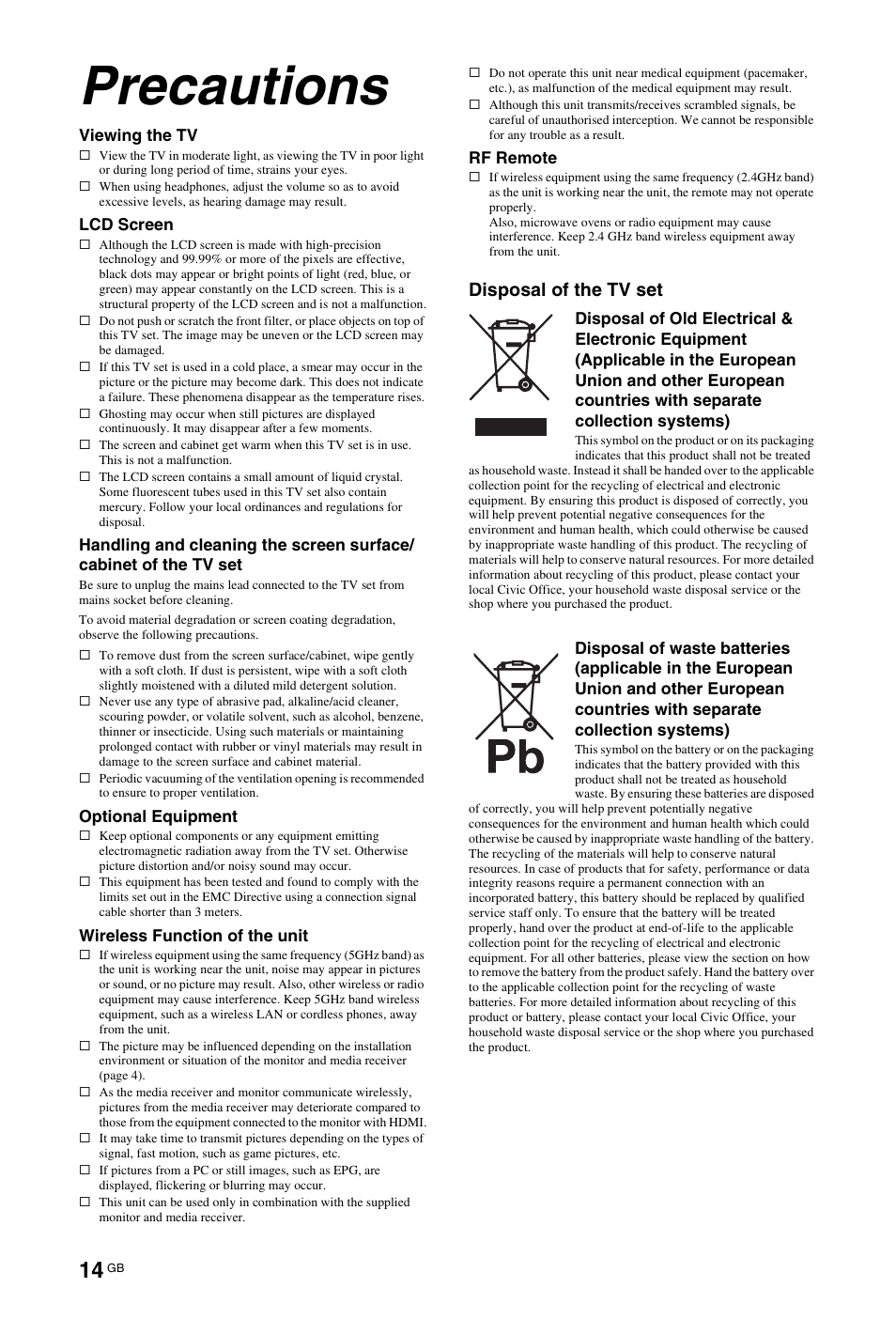 Precautions, Disposal of the tv set | Sony BRAVIA 4-115-568-13(1) User Manual | Page 14 / 51