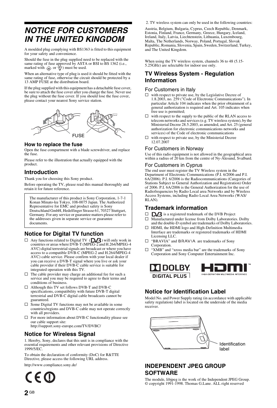 Notice for customers in the united kingdom, Introduction, Notice for digital tv function | Notice for wireless signal, Tv wireless system - regulation information, Trademark information, Notice for identification label, Independent jpeg group software | Sony BRAVIA 4-115-568-13(1) User Manual | Page 2 / 51