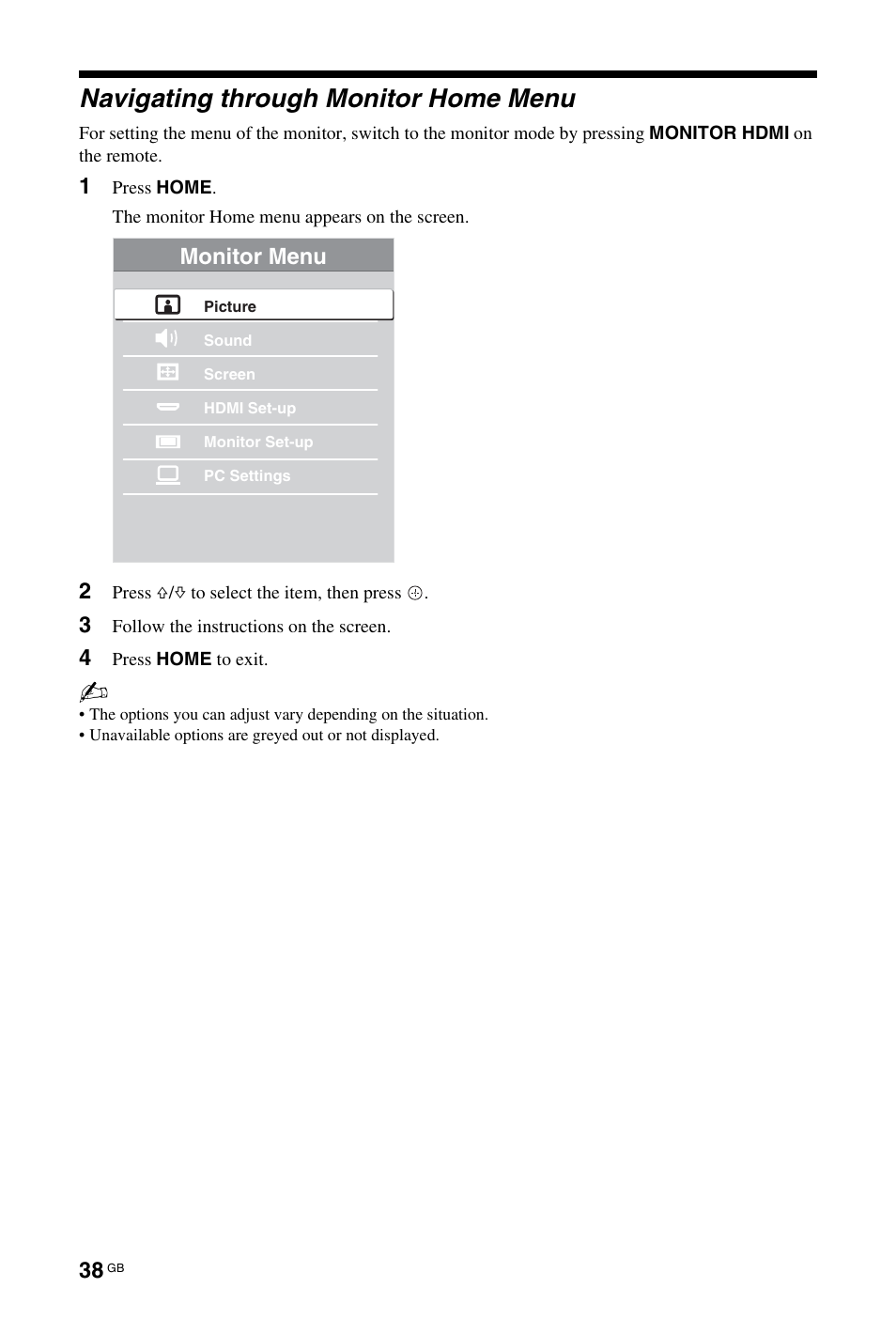 Navigating through monitor home menu | Sony BRAVIA 4-115-568-13(1) User Manual | Page 38 / 51