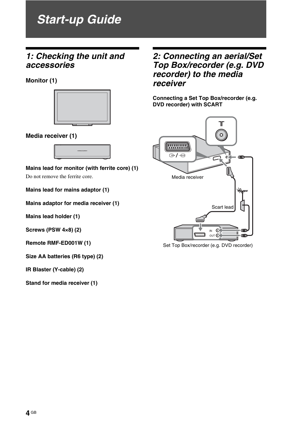 Start-up guide, Checking the unit and accessories | Sony BRAVIA 4-115-568-13(1) User Manual | Page 4 / 51