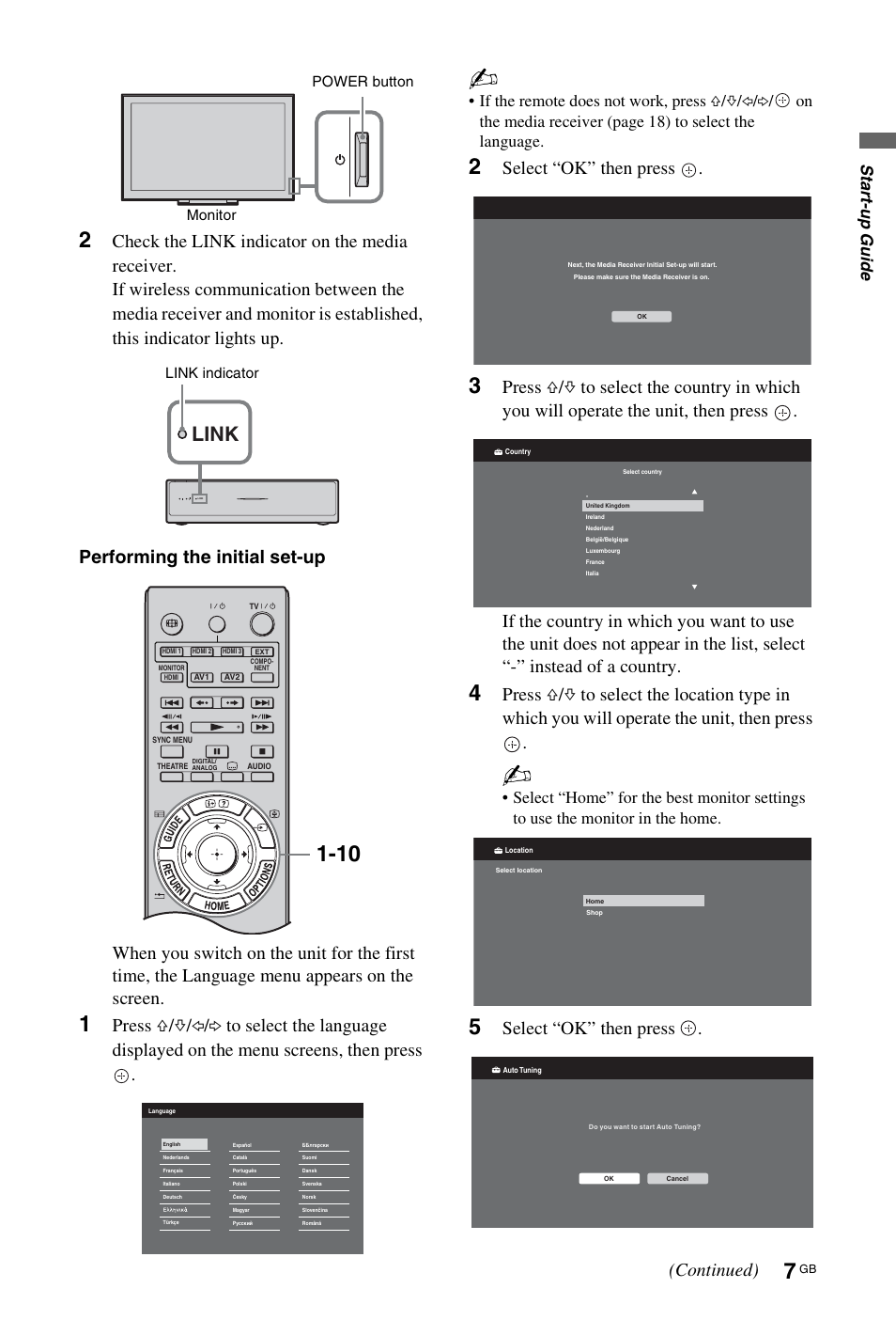 Link, Select “ok” then press, Continued) | Start-up g u ide | Sony BRAVIA 4-115-568-13(1) User Manual | Page 7 / 51