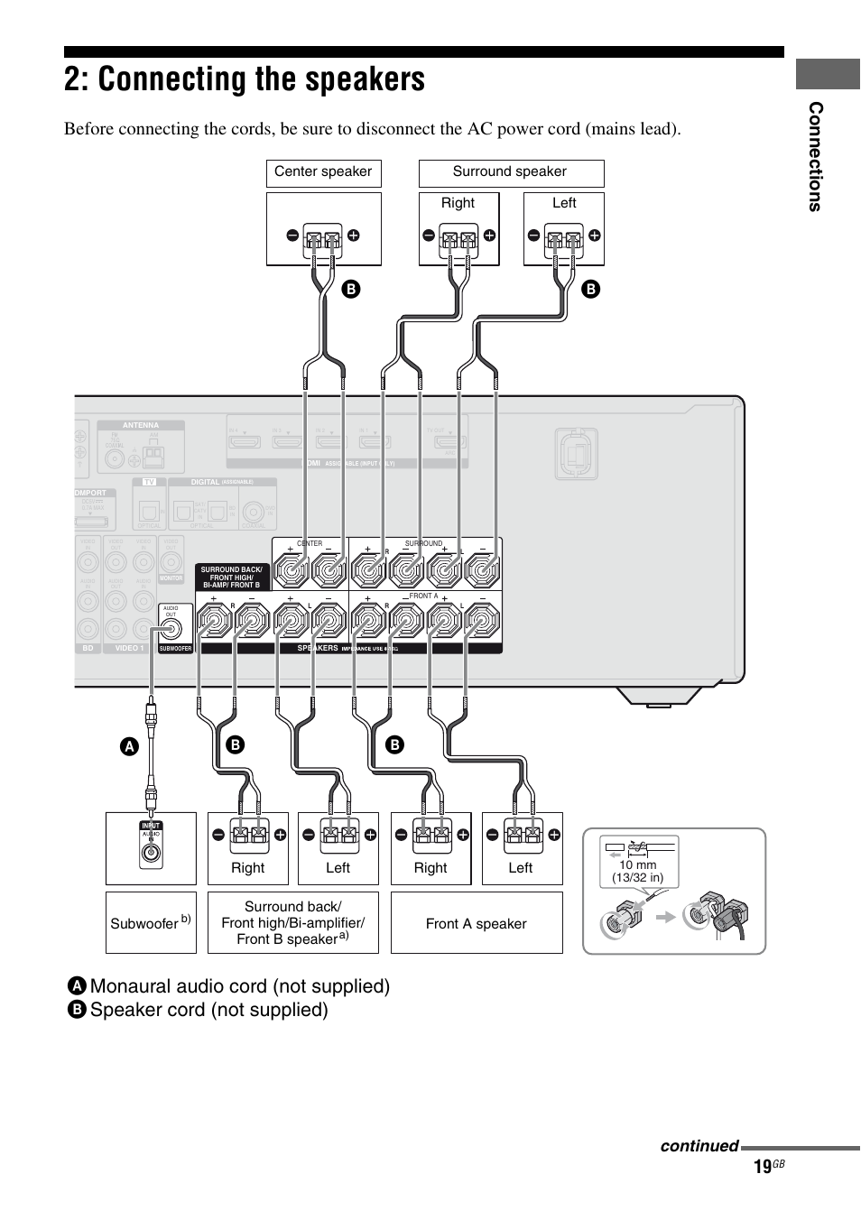 Connecting the speakers, Co nn ecti on s, Continued | Right, Left right, Left right center speaker, Left, Surround speaker subwoofer, Front a speaker | Sony STR-DH810 User Manual | Page 19 / 104
