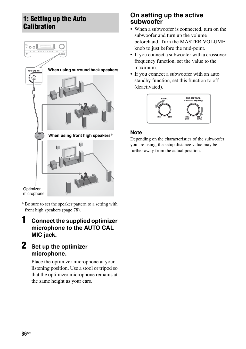 Setting up the auto calibration, On setting up the active subwoofer | Sony STR-DH810 User Manual | Page 36 / 104