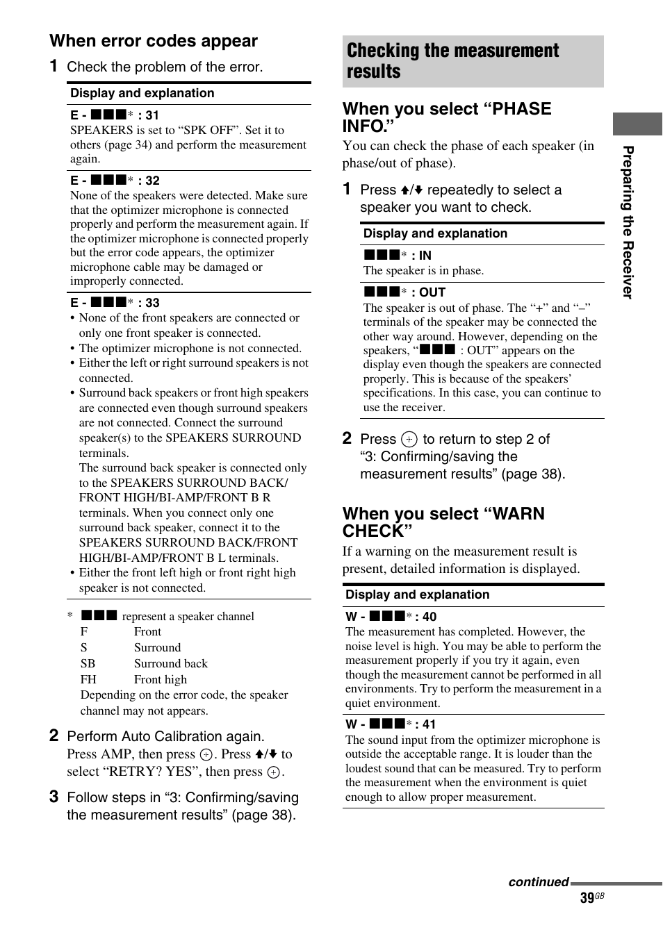Checking the measurement results, When error codes appear 1, When you select “phase info | When you select “warn check | Sony STR-DH810 User Manual | Page 39 / 104