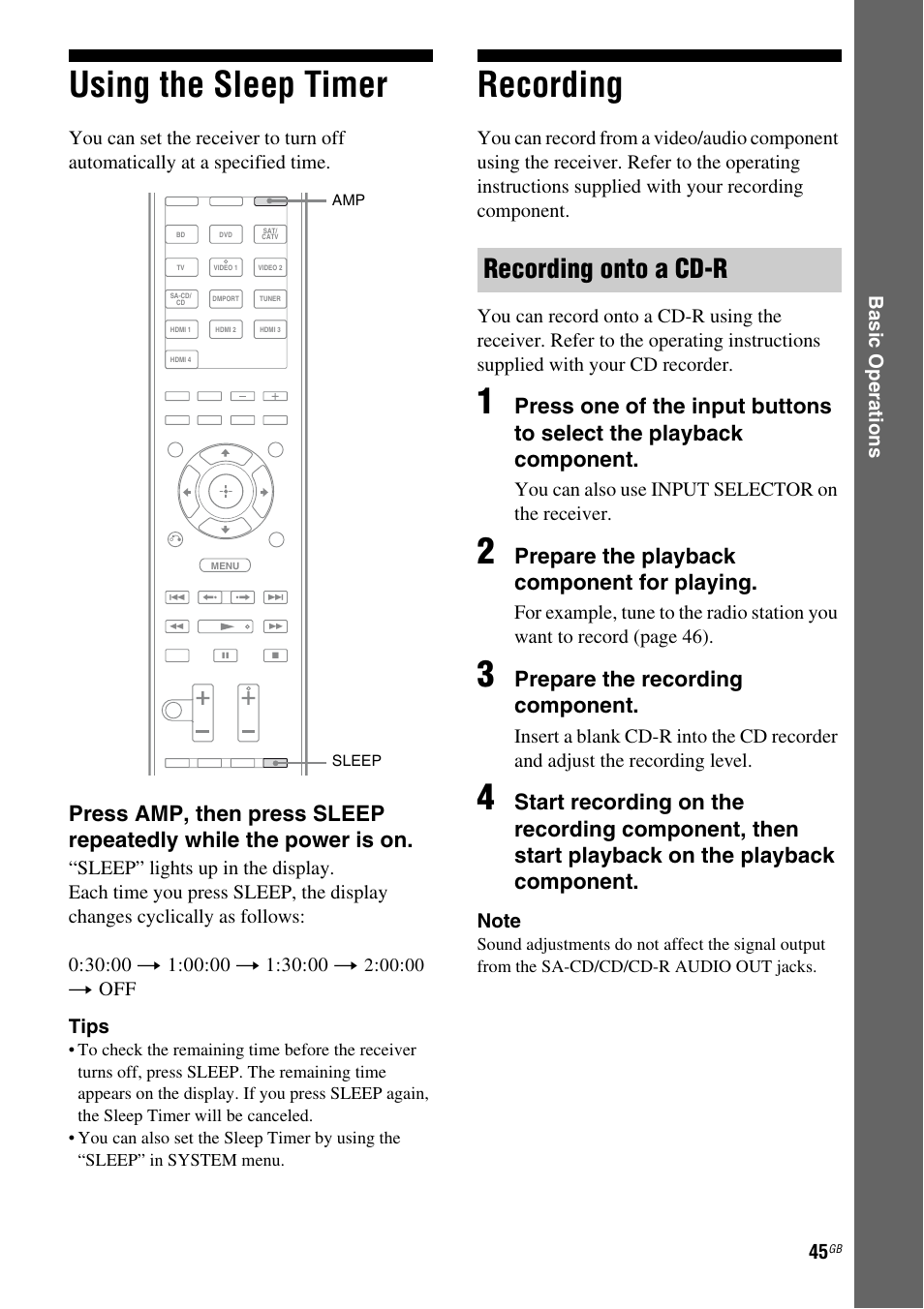 Using the sleep timer, Recording, Using the sleep timer recording | Recording onto a cd-r, Prepare the playback component for playing, Prepare the recording component | Sony STR-DH810 User Manual | Page 45 / 104