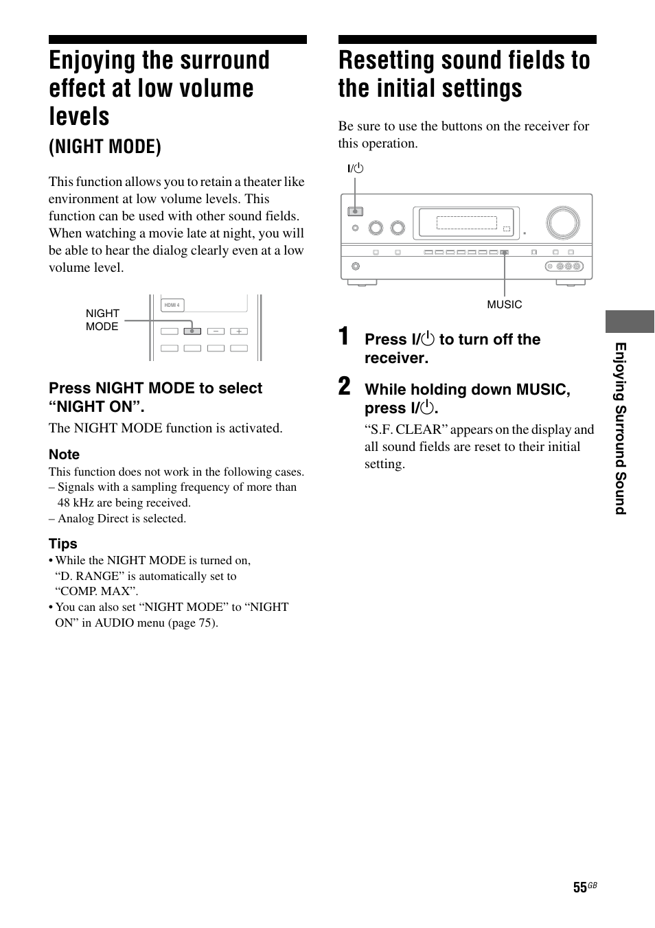 Resetting sound fields to the initial settings, Enjoying the surround effect at low, Volume levels (night mode) | Resetting sound fields to the initial, Settings, Enjoying the surround effect at low volume levels, Night mode) | Sony STR-DH810 User Manual | Page 55 / 104