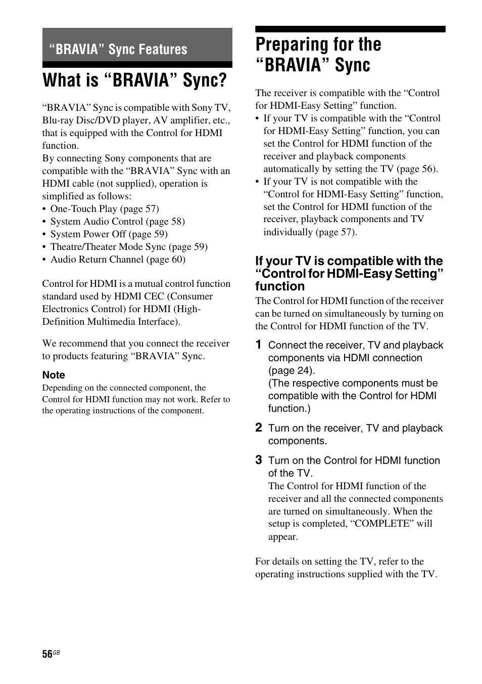 Bravia” sync features, What is “bravia” sync, Preparing for the “bravia” sync | Sony STR-DH810 User Manual | Page 56 / 104