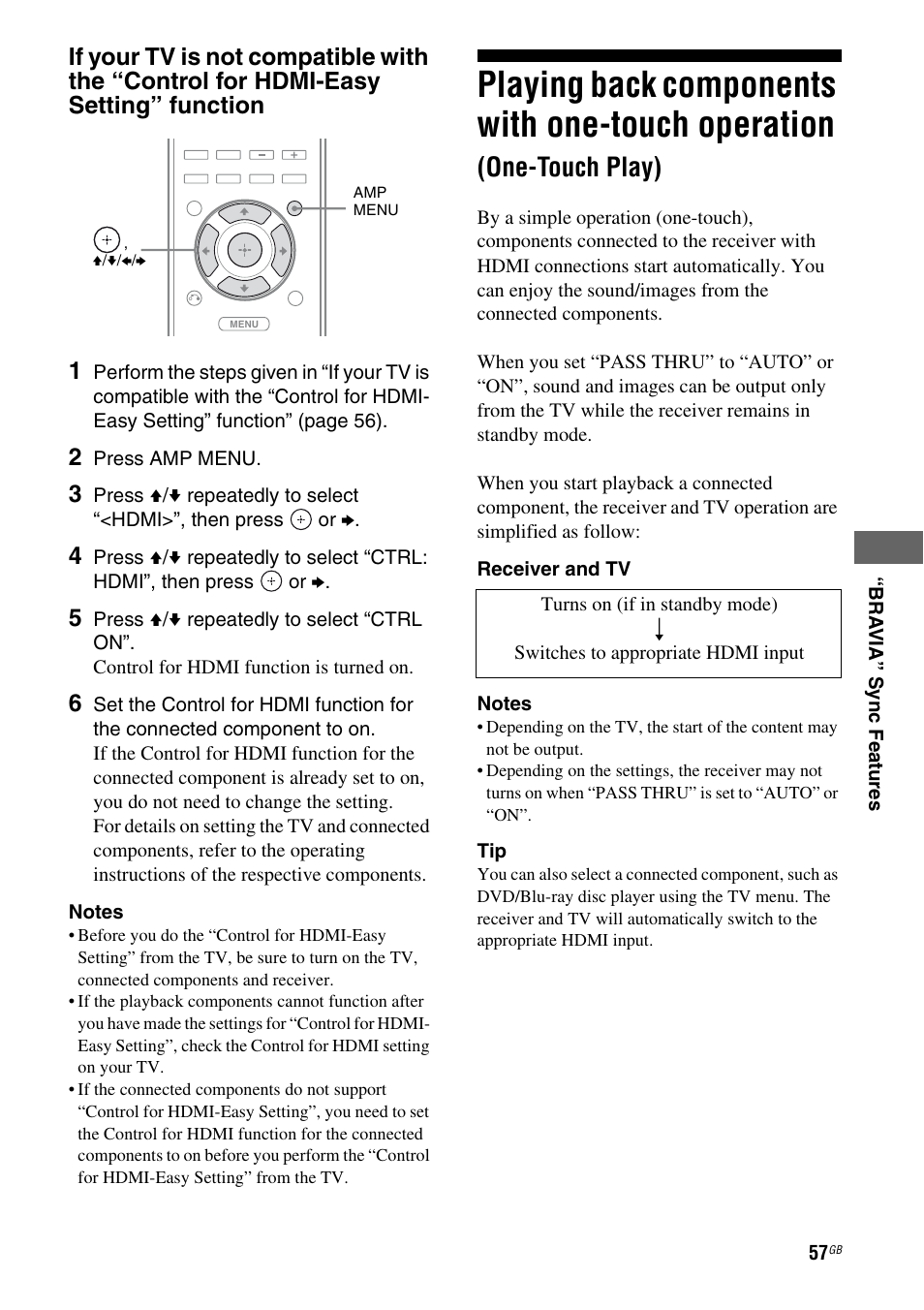 Playing back components with one-touch, Operation (one-touch play), Playing back components with one-touch operation | One-touch play) | Sony STR-DH810 User Manual | Page 57 / 104