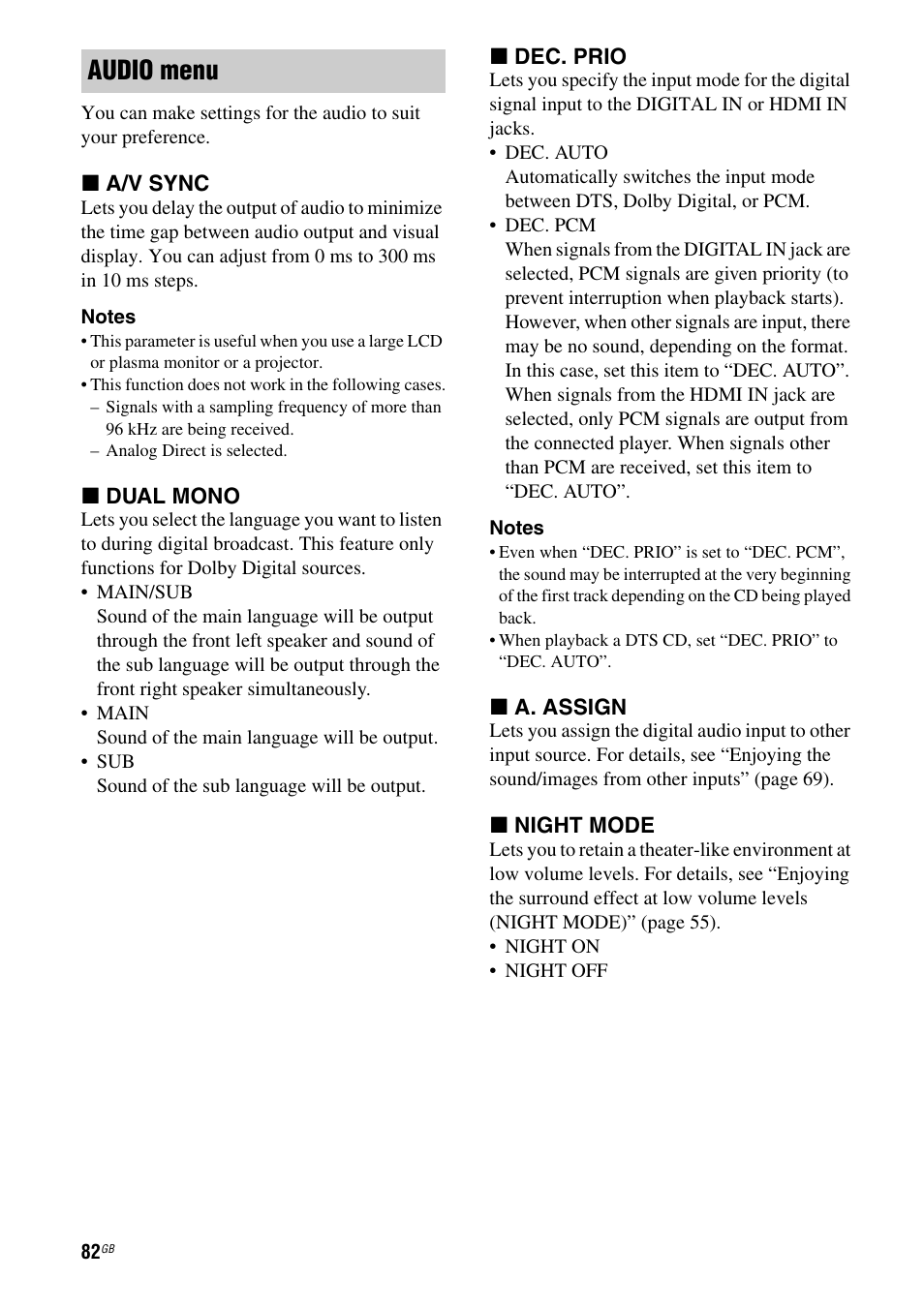 Audio menu | Sony STR-DH810 User Manual | Page 82 / 104