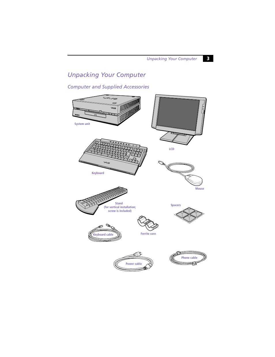 Unpacking your computer, Computer and supplied accessories | Sony PCV-L620 User Manual | Page 7 / 52