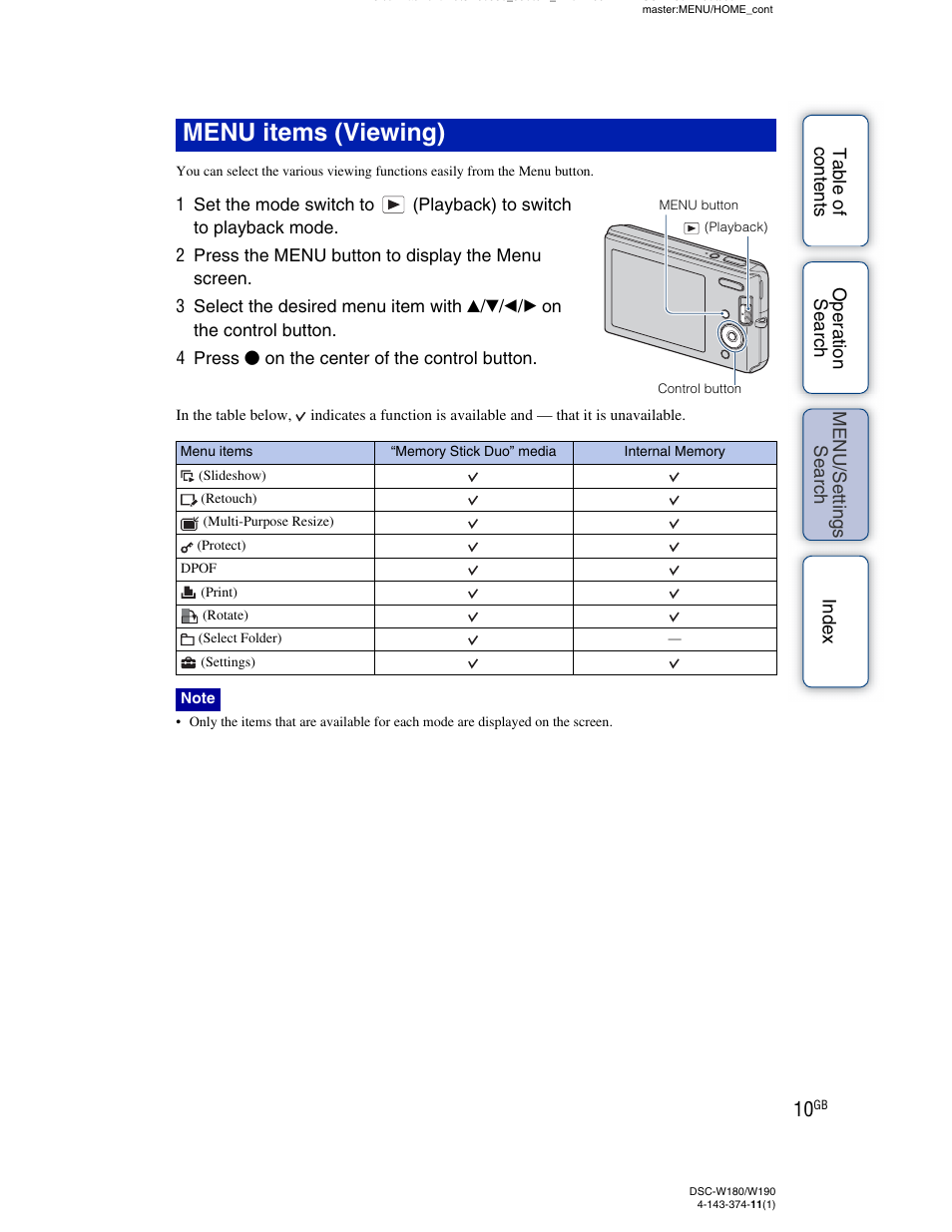 Menu items (viewing) | Sony Cyber-shot 4-143-374-11(1) User Manual | Page 10 / 104