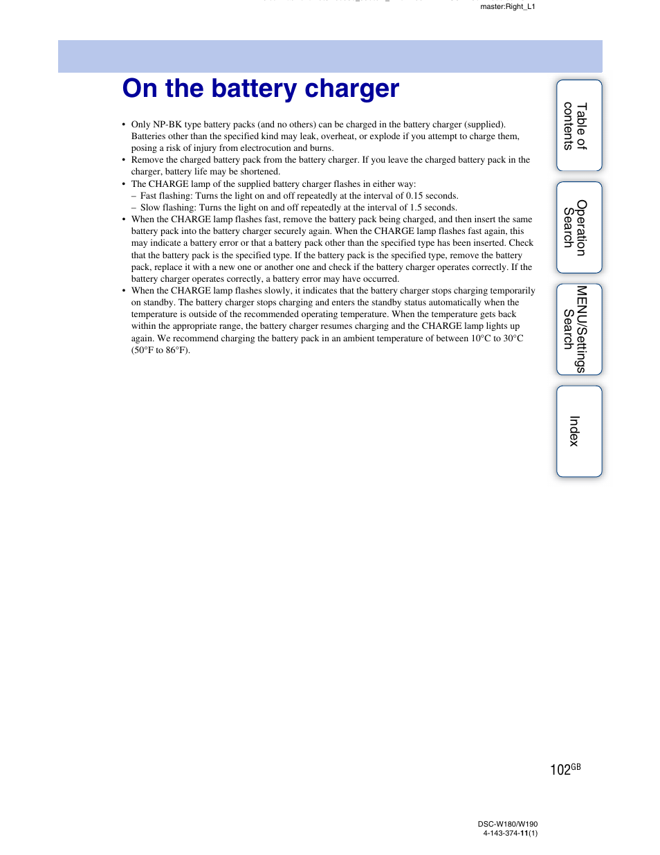 On the battery charger | Sony Cyber-shot 4-143-374-11(1) User Manual | Page 102 / 104