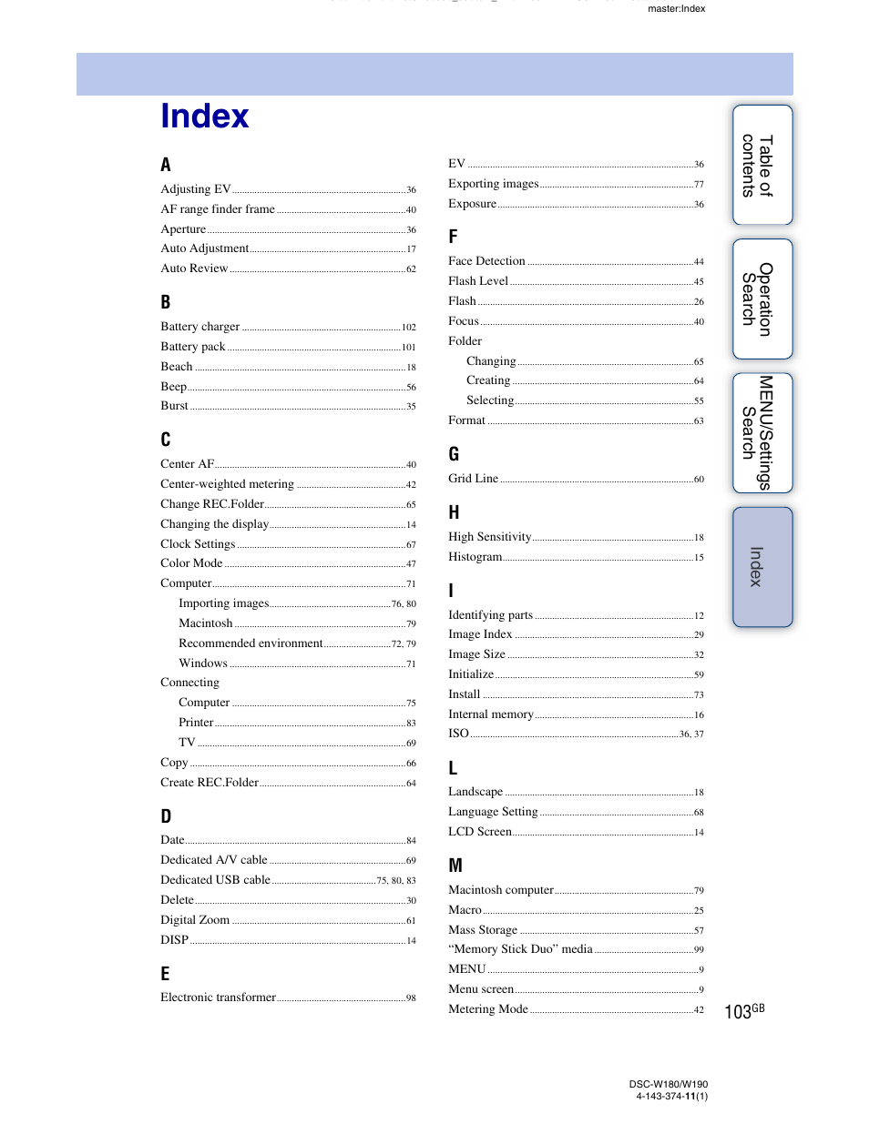 Index | Sony Cyber-shot 4-143-374-11(1) User Manual | Page 103 / 104