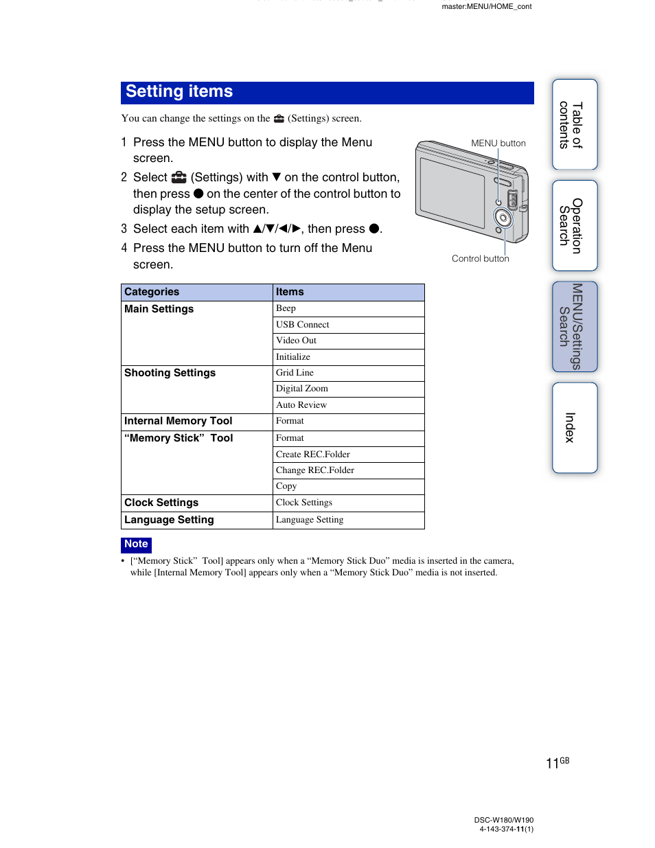 Setting items | Sony Cyber-shot 4-143-374-11(1) User Manual | Page 11 / 104