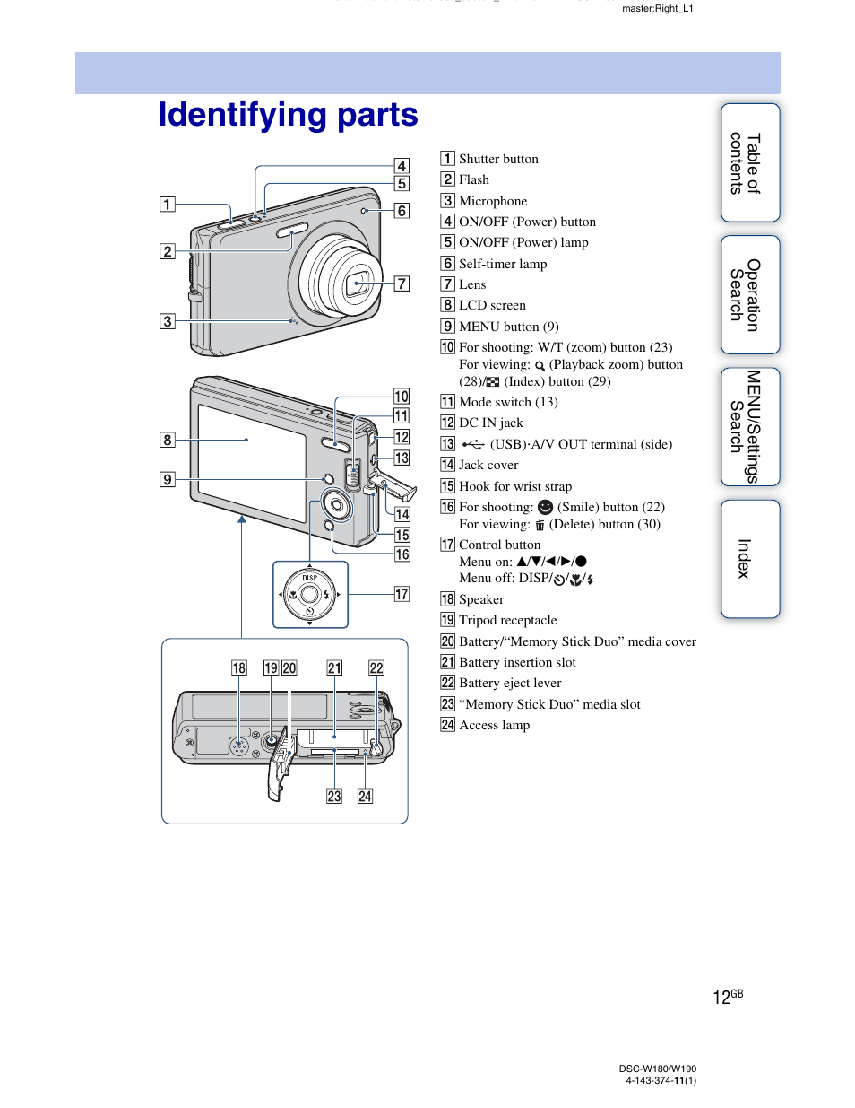 Identifying parts | Sony Cyber-shot 4-143-374-11(1) User Manual | Page 12 / 104