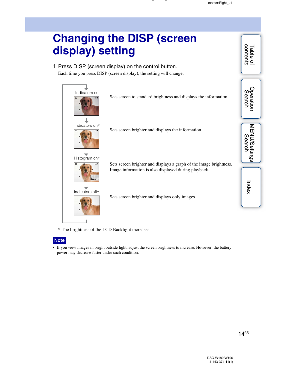 Changing the disp (screen display) setting | Sony Cyber-shot 4-143-374-11(1) User Manual | Page 14 / 104