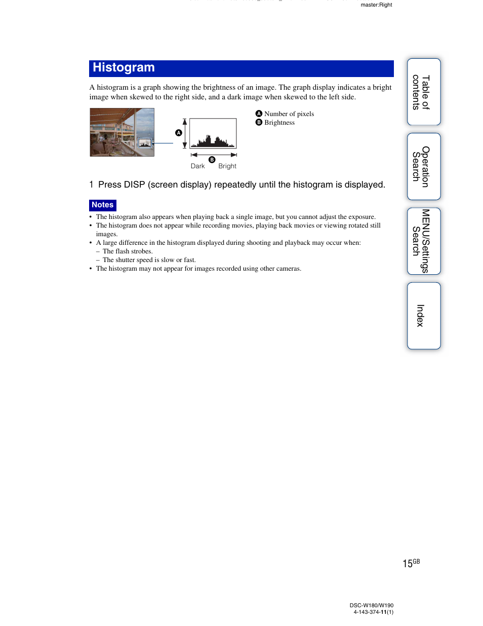 Histogram | Sony Cyber-shot 4-143-374-11(1) User Manual | Page 15 / 104