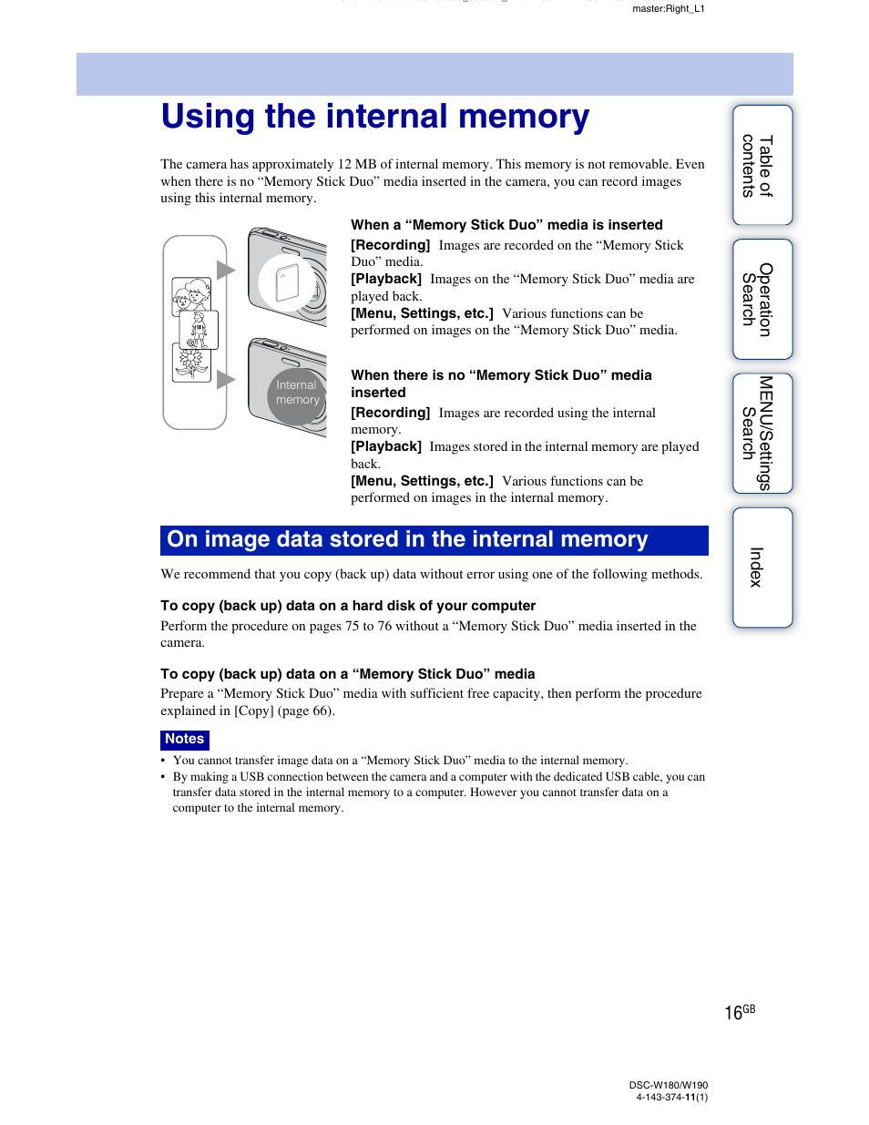 Using the internal memory | Sony Cyber-shot 4-143-374-11(1) User Manual | Page 16 / 104
