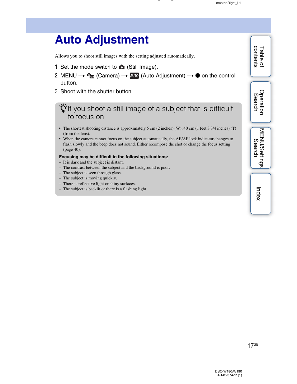 Auto adjustment | Sony Cyber-shot 4-143-374-11(1) User Manual | Page 17 / 104