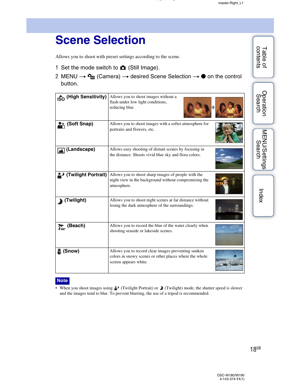 Scene selection | Sony Cyber-shot 4-143-374-11(1) User Manual | Page 18 / 104