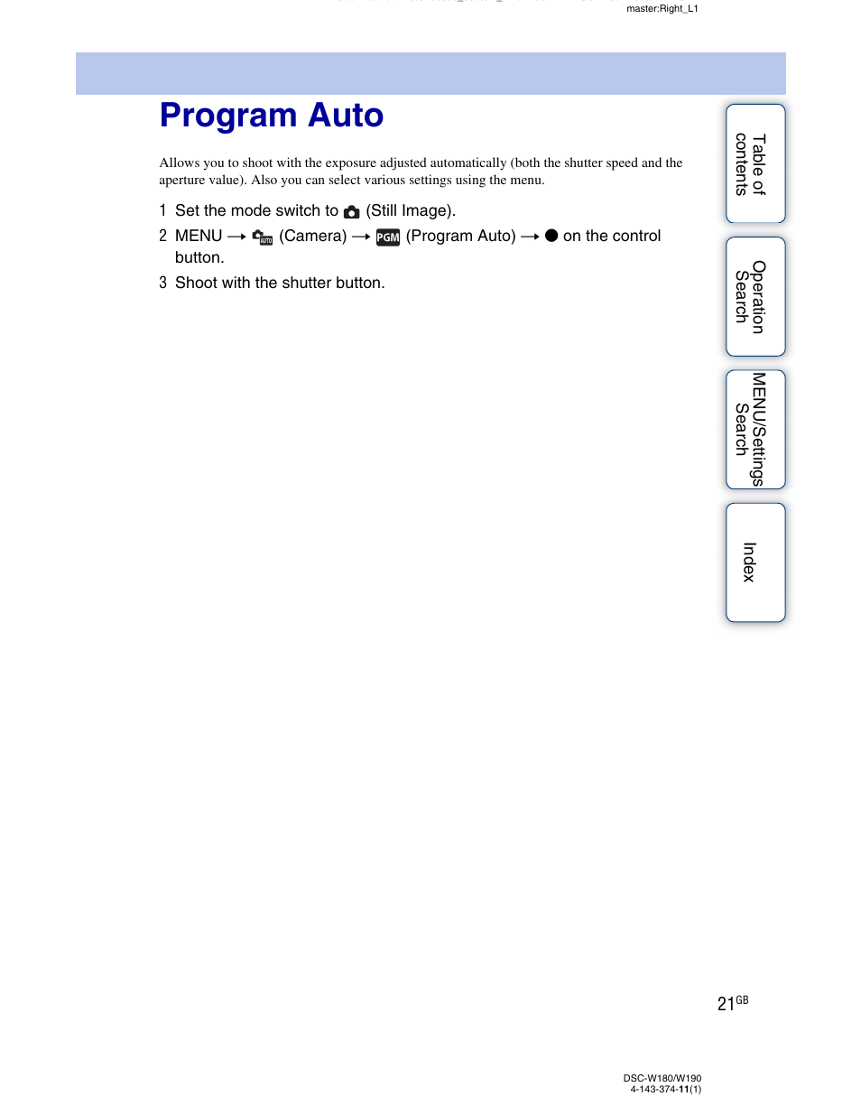 Program auto | Sony Cyber-shot 4-143-374-11(1) User Manual | Page 21 / 104