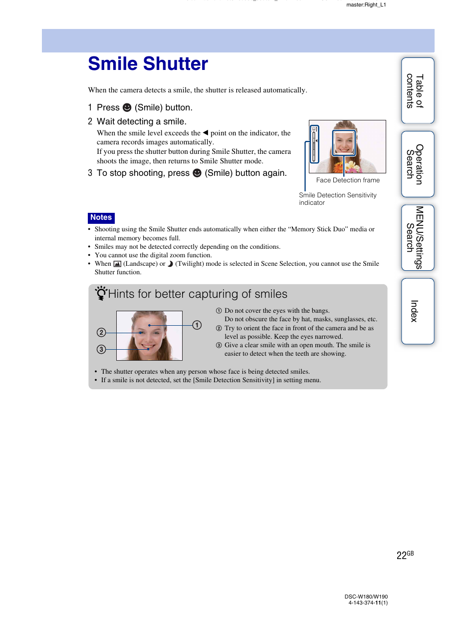 Smile shutter, Hints for better capturing of smiles | Sony Cyber-shot 4-143-374-11(1) User Manual | Page 22 / 104