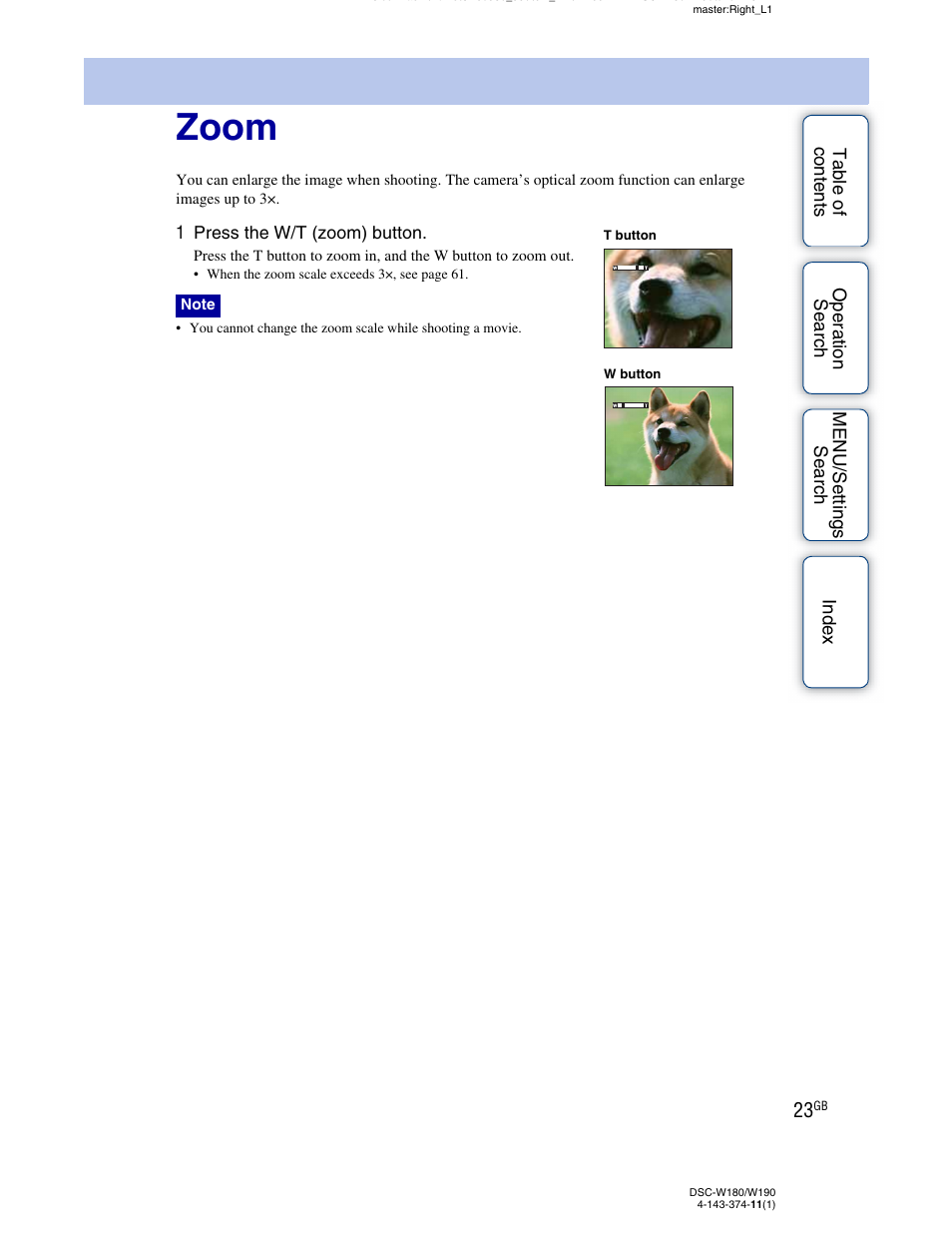 Zoom, On (23) | Sony Cyber-shot 4-143-374-11(1) User Manual | Page 23 / 104