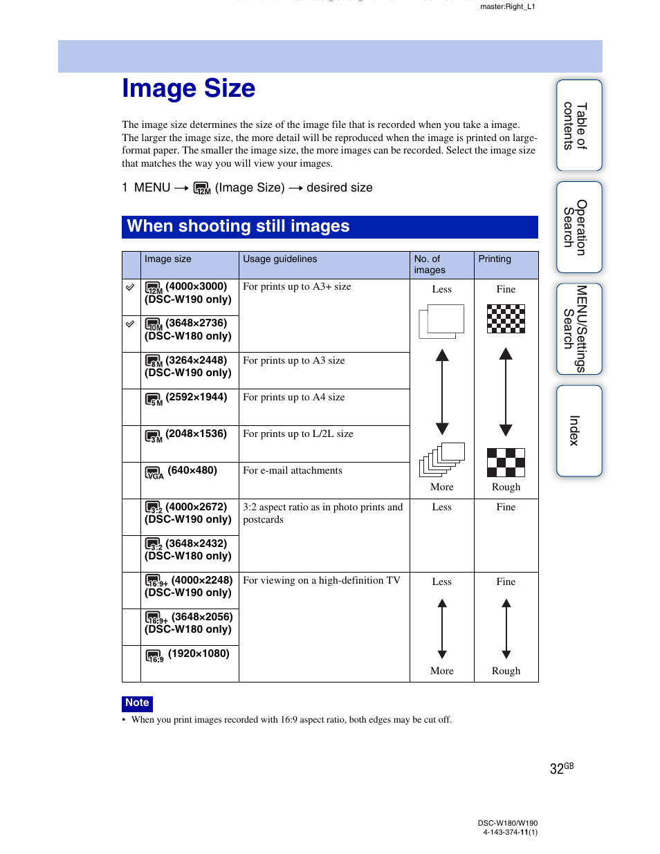 Image size, When shooting still images | Sony Cyber-shot 4-143-374-11(1) User Manual | Page 32 / 104