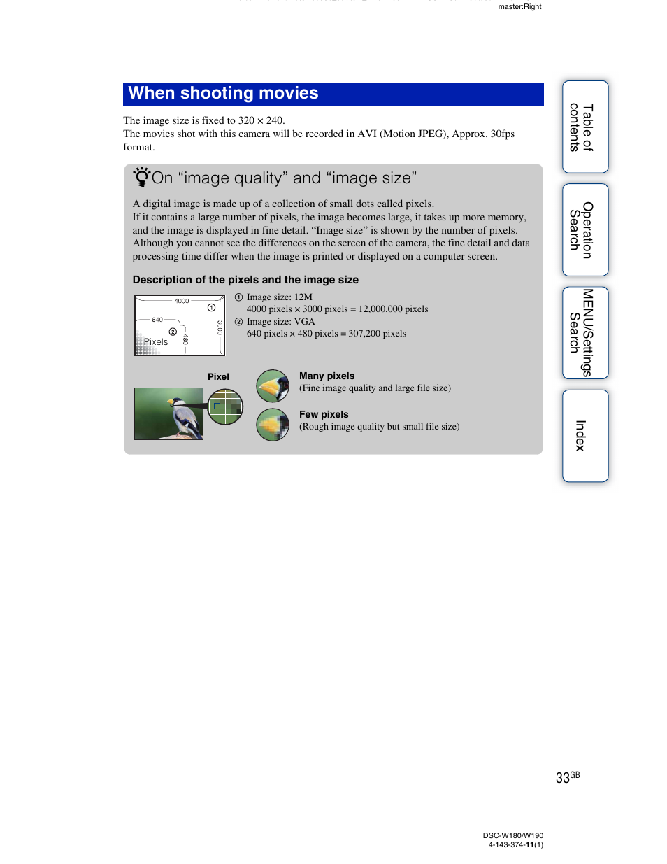 When shooting movies z, On “image quality” and “image size | Sony Cyber-shot 4-143-374-11(1) User Manual | Page 33 / 104