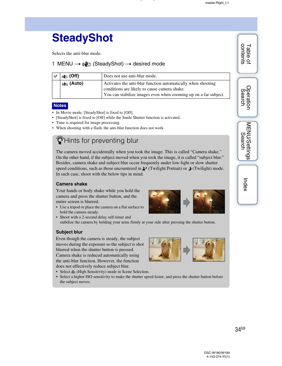 Steadyshot, Hints for preventing blur | Sony Cyber-shot 4-143-374-11(1) User Manual | Page 34 / 104